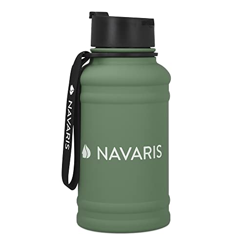 Navaris Botella de agua de acero inoxidable - Cantimplora de metal de 1.3 L - Garrafa para bebidas...