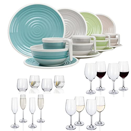 Juego de vajilla de melamina para camping para 4 personas, 16 piezas + 16 vasos de agua, copas de...