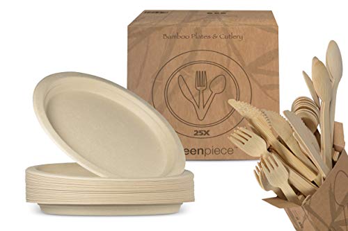 greenpiece ® 25 Platos Llanos de Fibra de Bambú 25cm + 25 juegos de cubiertos | Gran Resistencia |...