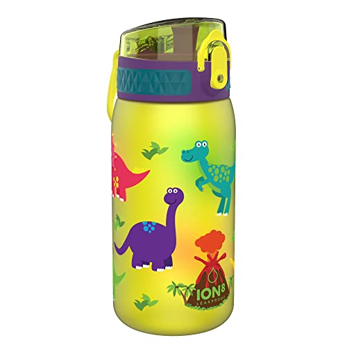 Ion8 Botella de agua a prueba de fugas, sin BPA, dinosaurio, 350 ml, Plástico.
