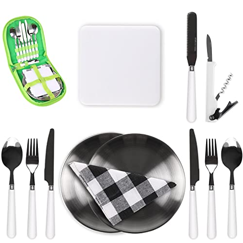 Odoland Kit Vajilla Picnic para 2 Personas, Juego Cubiertos y Platos de Camping con Placa Cuchara...