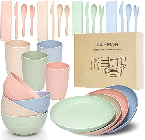 KAHEIGN 28 Piezas Vajilla De Plástico, 4 Juegos Platos, Tazas, Tazones Y Cubiertos Ligeros E...