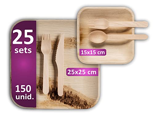 Waipur Platos Hoja de Palma y Cubiertos de Madera - 25 Platos Grandes y 25 de Postre, 50 Tenedores,...
