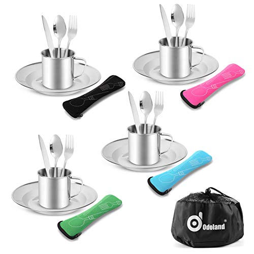 Odoland Vajilla de Acero Inoxidable 25-en-1, Cubiertos y Platos Kit de Picnic con Placa, Tenedor,...