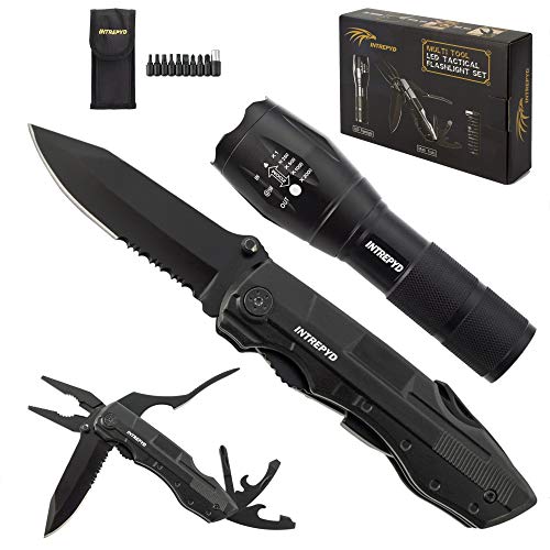 INTREPYD Navaja Multiusos y Linterna Led, herramienta multiusos 15 en 1, linterna tactica y navaja...
