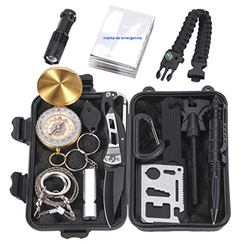 Homvik Kits de Supervivencia 14 en 1 multifuncional Kits Tácticos con Navaja Linterna Manta de...