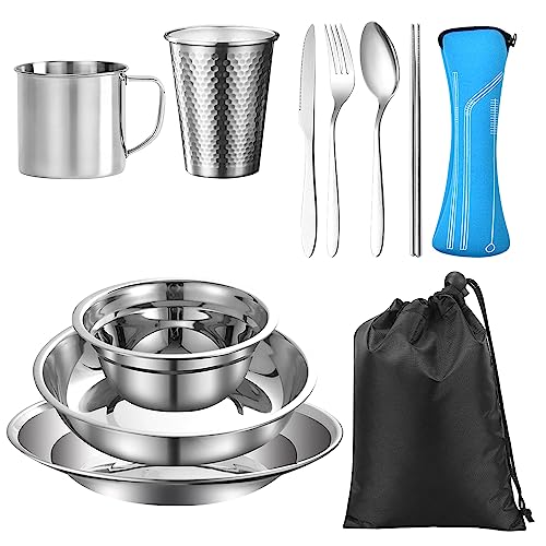 REFORUNG Juego de Platos y Cubiertos de Camping 11 en 1, Set de Vajilla para Acampar de Acero...