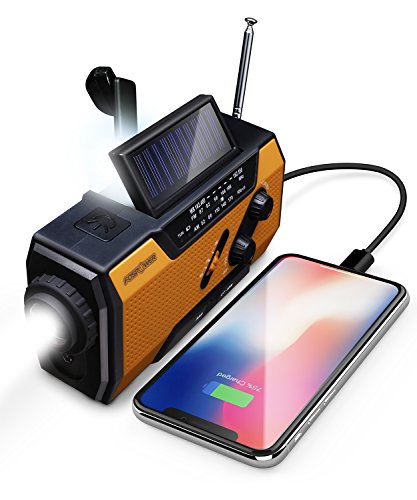 FosPower Radio de Emergencia Portátil con Manivela/Carga Solar 2000mAh (Modelo A1) Batería Externa...