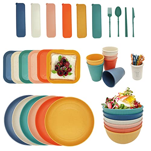 YEEBECA 67 Piezas Vajilla De Plástico, Cubiertos De Camping Sin BPA Para 6 Personas, 6 Colores De...