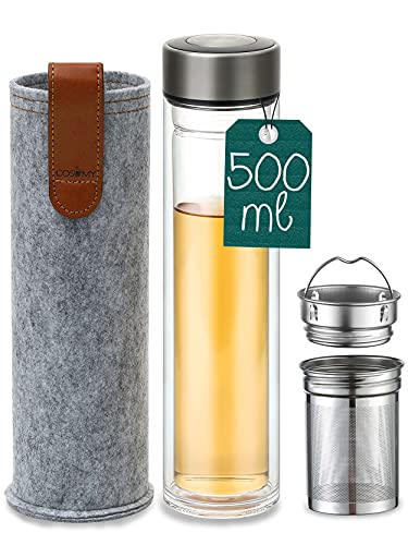 Termo Para Te de Cristal con Filtro Infusor de Acero Inoxidable - Con Funda de Fieltro - 500ml -...